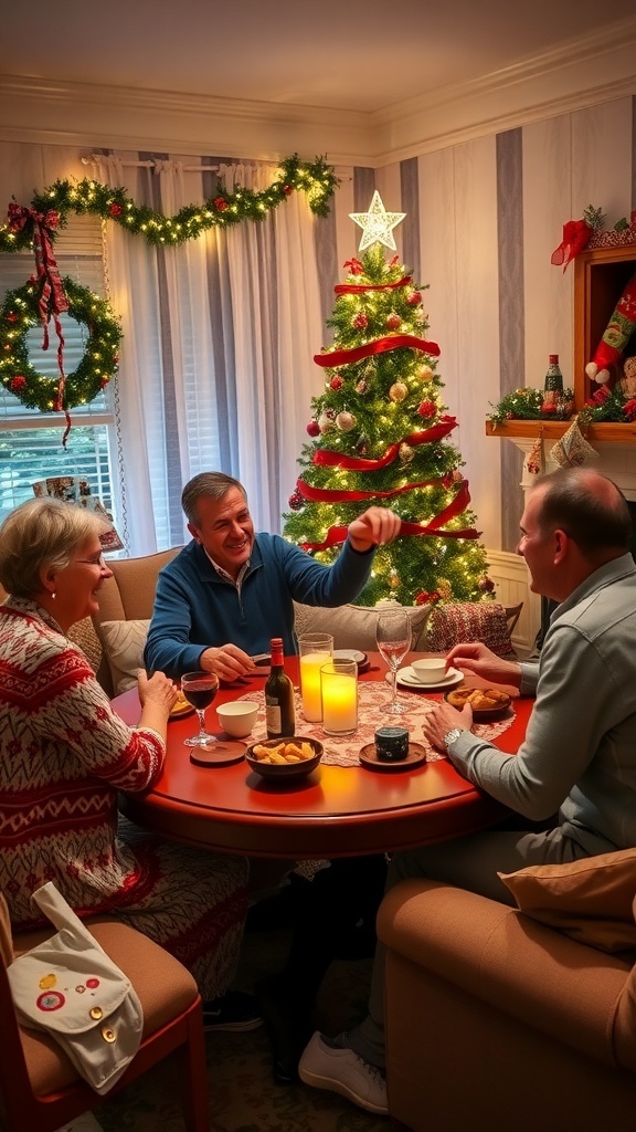 Four adults playing Christmas games in a decorated living room.